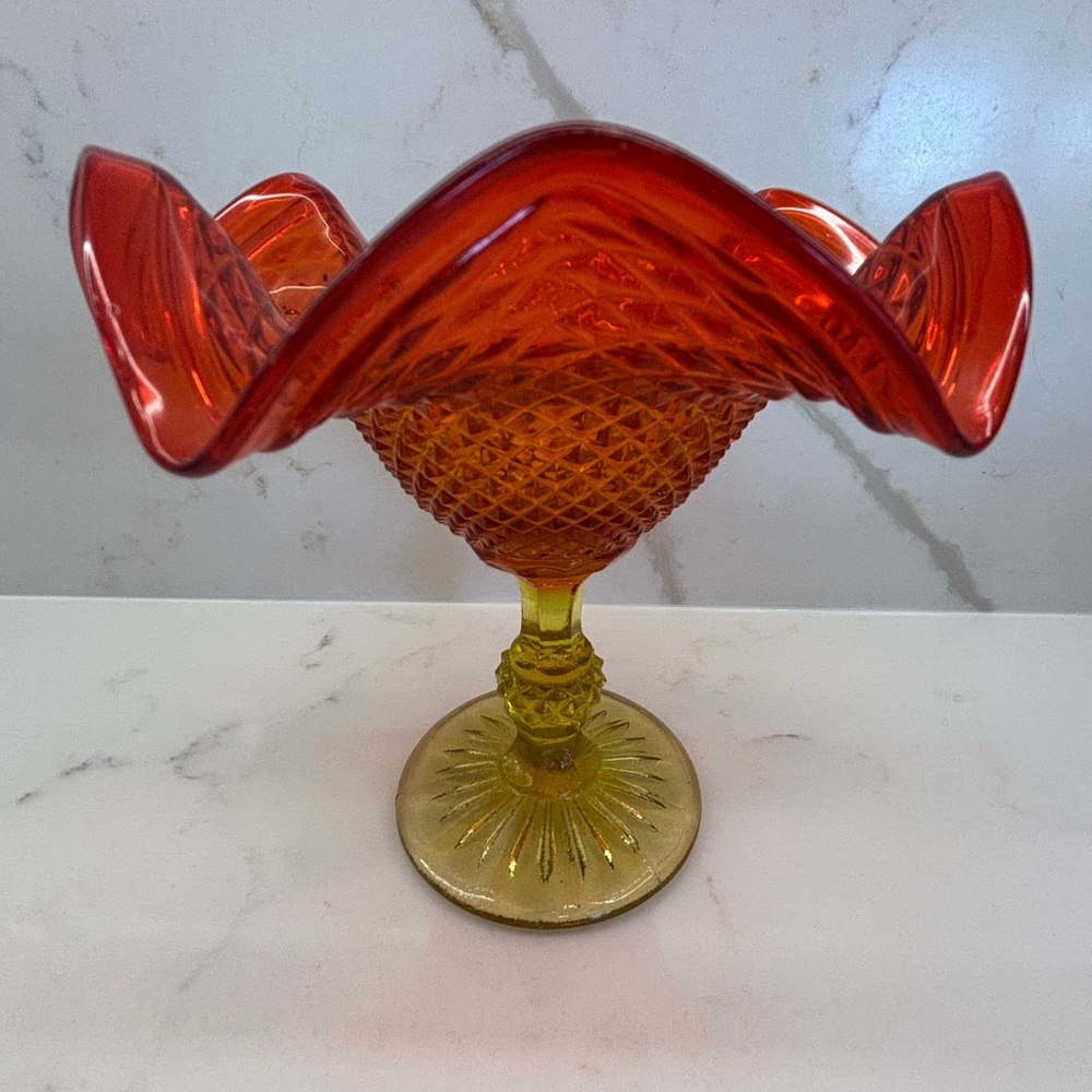 Vintage Ivima Diamond Point Amberina Round Compote Candy Dish Ruffled Edge